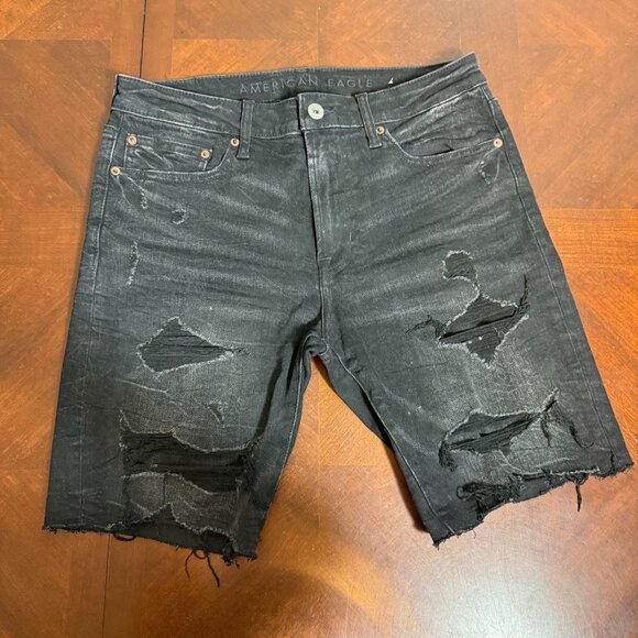American Eagle Mens Black Distressed Denim Shorts Size 32 - Picture 1 of 12
